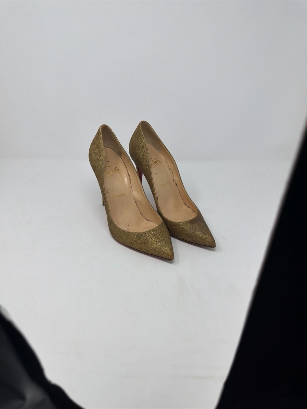 Christian Louboutin Gold Glitter Pointed Toe Pumps red bottoms